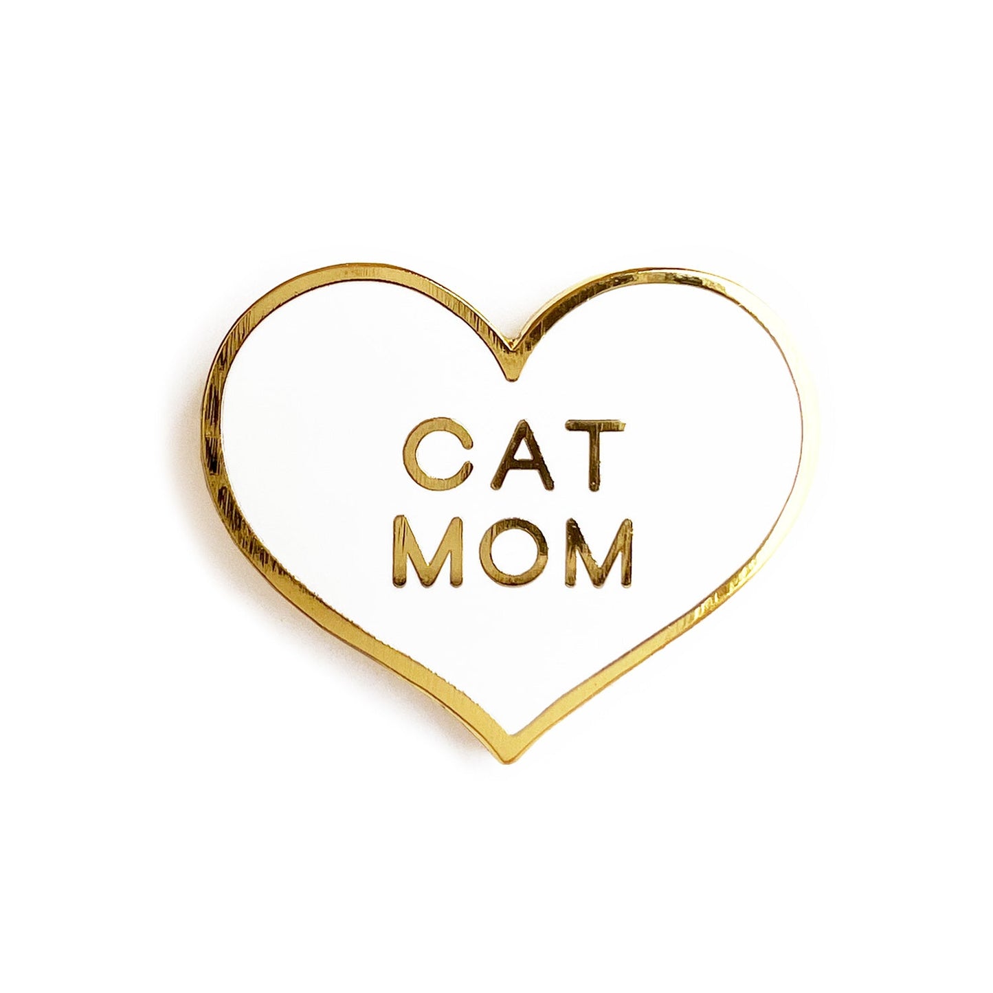 Cat Mom white heart enamel pin with gold trim, displayed on a backing card and ready for gifting.
