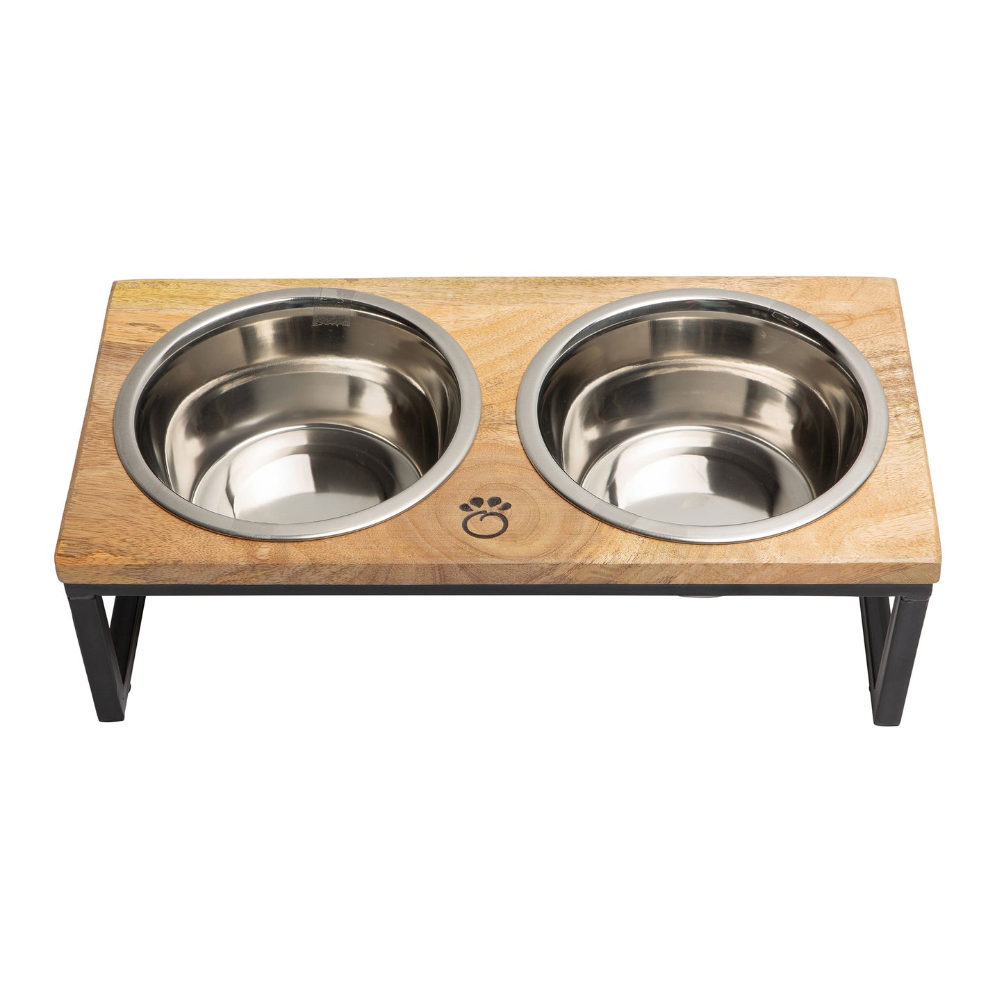 Handcrafted mango wood and metal elevated pet feeder with two stainless bowls on a matte black frame.