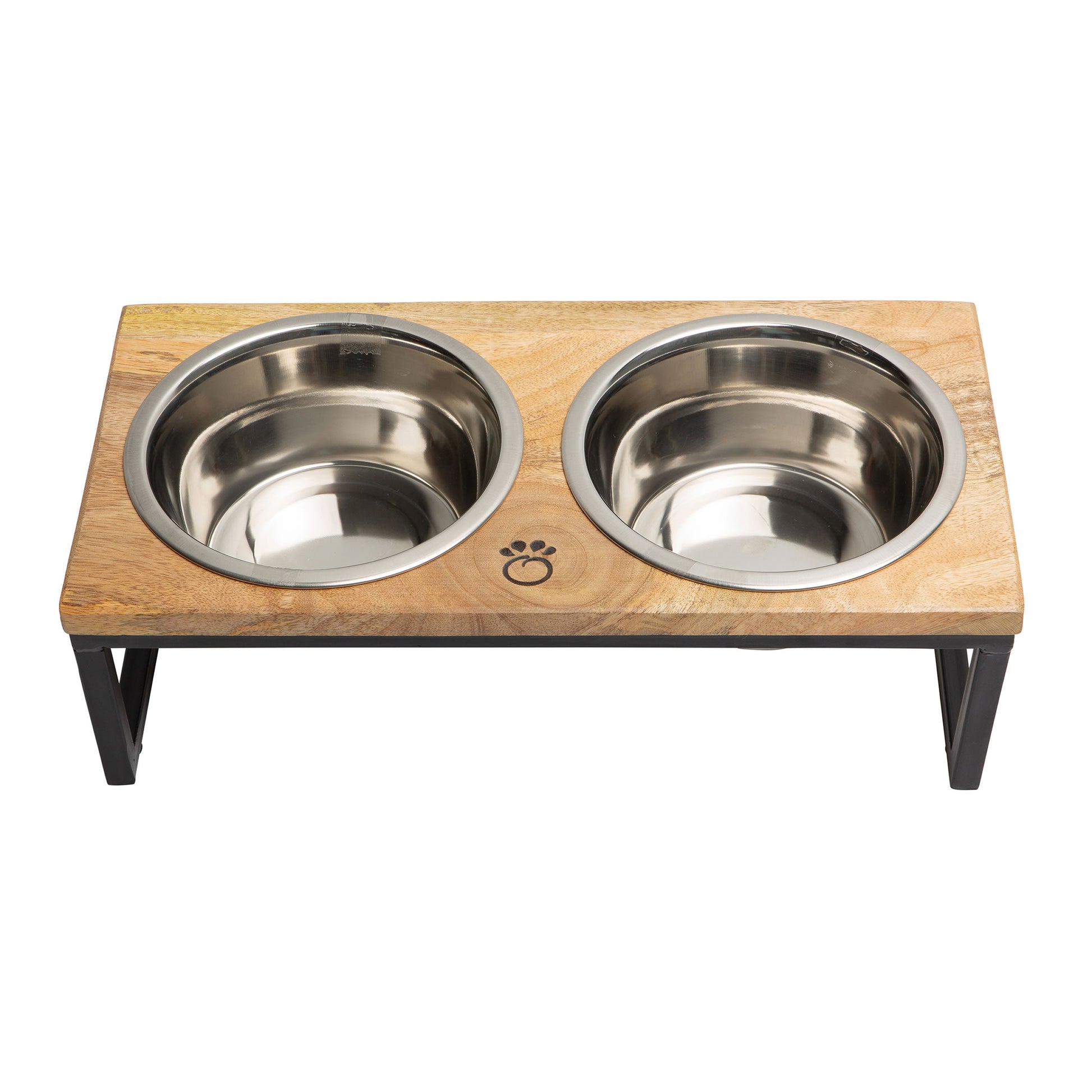 Handcrafted mango wood and metal elevated pet feeder with two stainless bowls on a matte black frame.