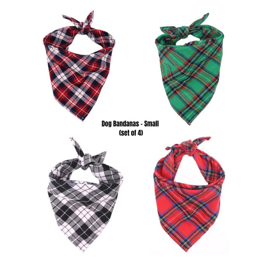Set of four plaid bandanas for small dogs, folded neatly in assorted colors and patterns.
